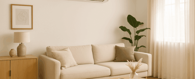 High wall heat pump efficiently heating a New Zealand living room in winter