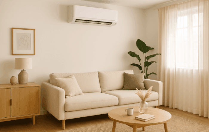 High wall heat pump efficiently heating a New Zealand living room in winter